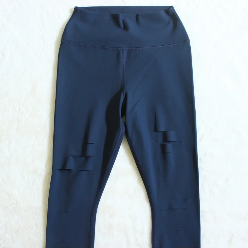 ALO Yoga High Waisted Ripped Warrior Navy Leggings